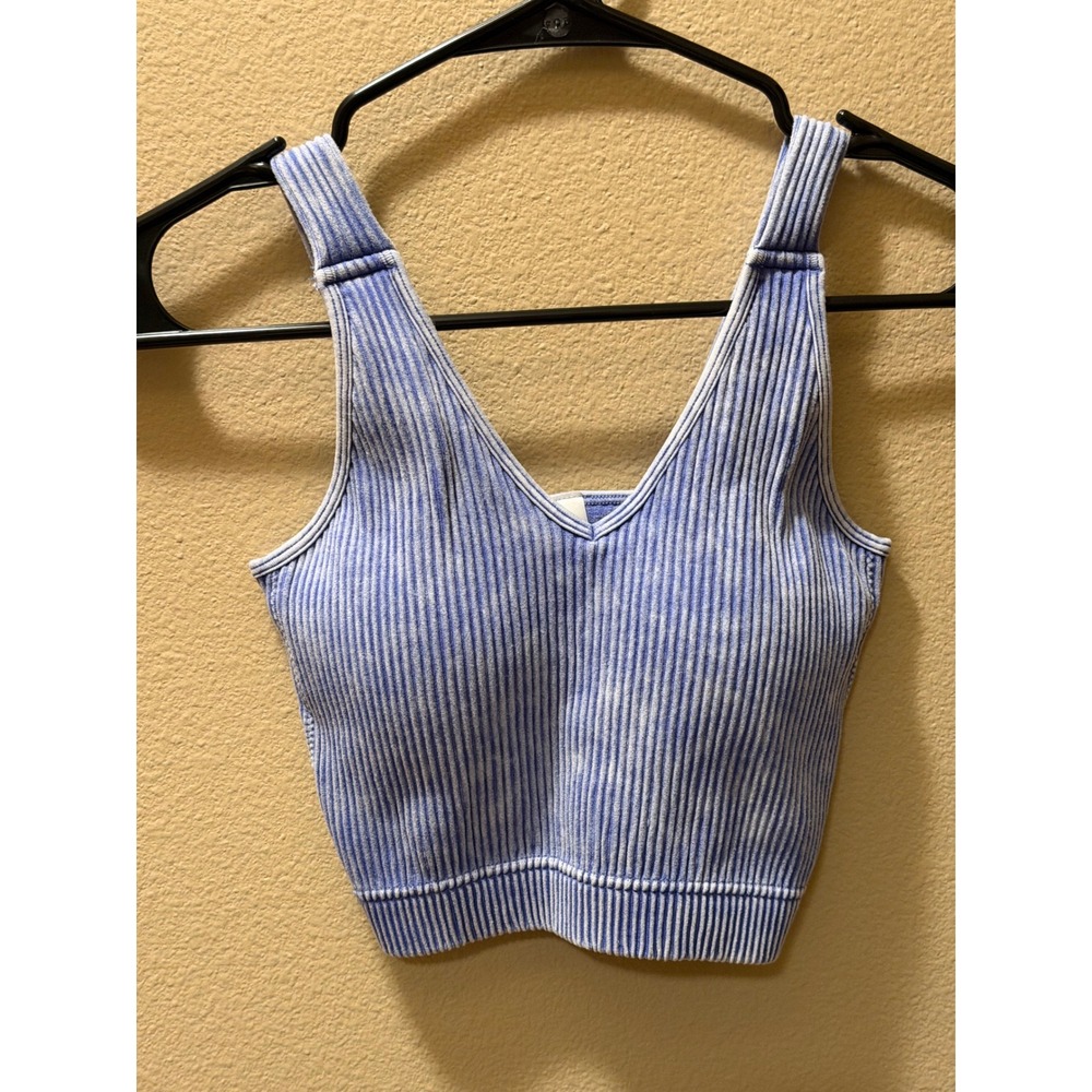 Zenana Mineral Wash Ribbed V-Neck Crop Brami Top blue S/M
